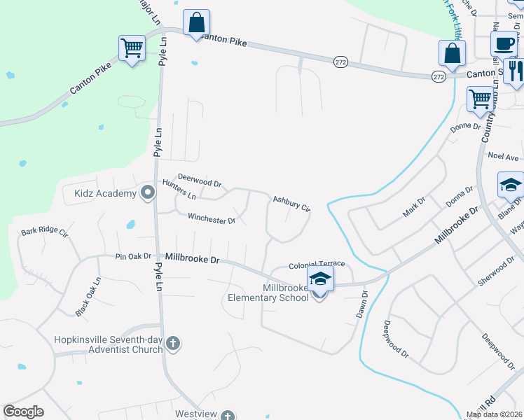 map of restaurants, bars, coffee shops, grocery stores, and more near 517 Ashbury Circle in Hopkinsville