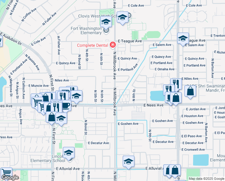 map of restaurants, bars, coffee shops, grocery stores, and more near 995 East Muncie Avenue in Fresno