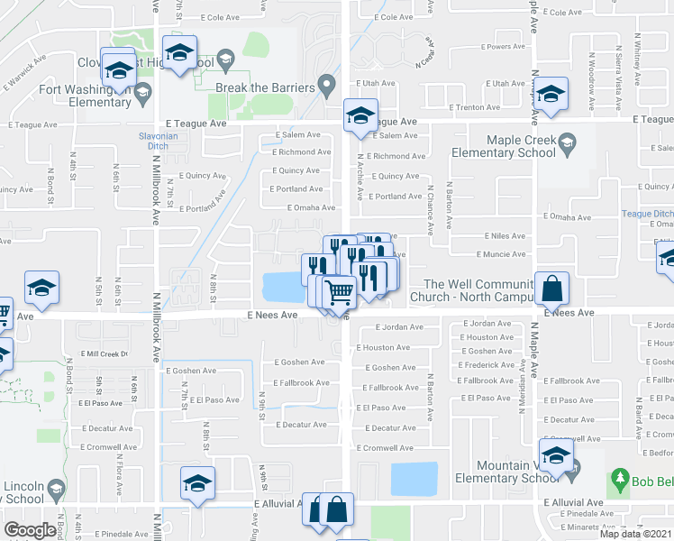 map of restaurants, bars, coffee shops, grocery stores, and more near 8087 North Cedar Avenue in Fresno