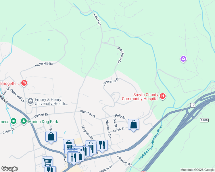 map of restaurants, bars, coffee shops, grocery stores, and more near 249 Panorama Drive in Marion