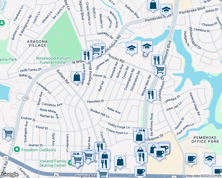 map of restaurants, bars, coffee shops, grocery stores, and more near 625 Sirine Avenue in Virginia Beach