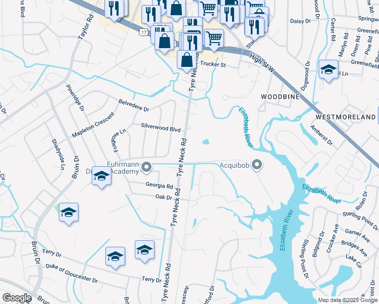 map of restaurants, bars, coffee shops, grocery stores, and more near 3209 Tyre Neck Road in Chesapeake
