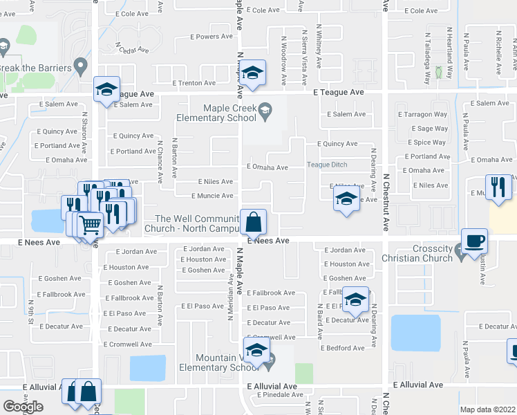 map of restaurants, bars, coffee shops, grocery stores, and more near 2059 East Lexington Avenue in Fresno