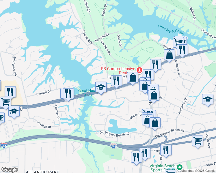map of restaurants, bars, coffee shops, grocery stores, and more near 1268 U.S. 58 in Virginia Beach