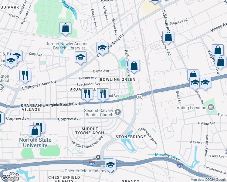 map of restaurants, bars, coffee shops, grocery stores, and more near 2955 Mapleton Avenue in Norfolk