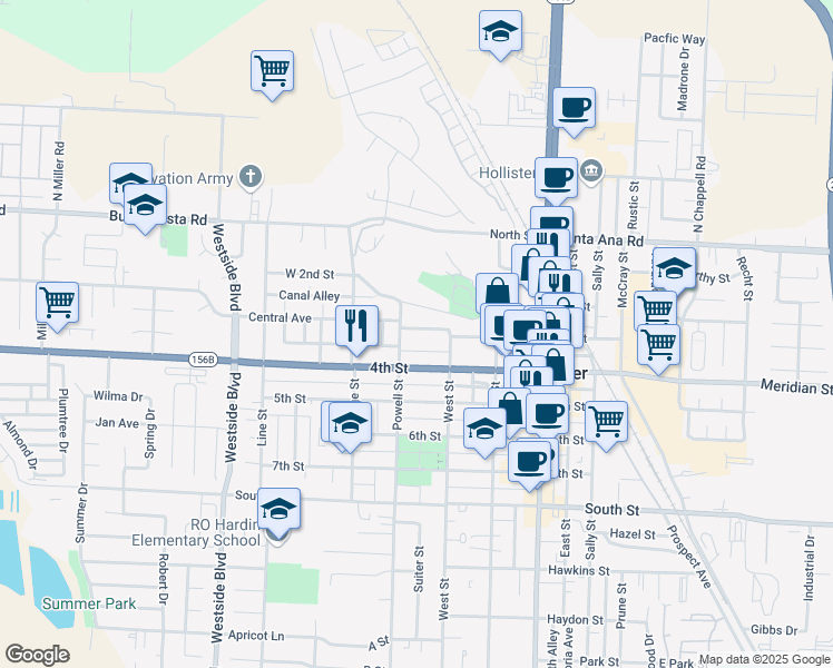 map of restaurants, bars, coffee shops, grocery stores, and more near 569 Virginia Drive in Hollister
