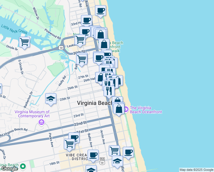 map of restaurants, bars, coffee shops, grocery stores, and more near 2505 Pacific Avenue in Virginia Beach