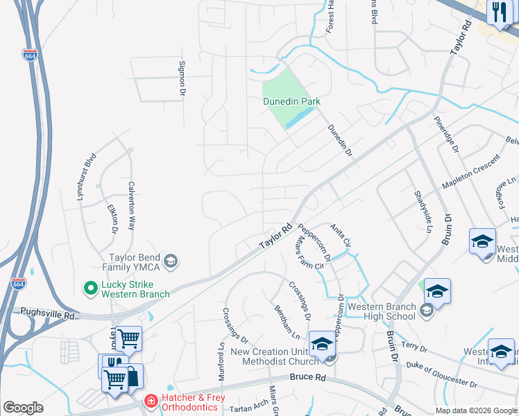 map of restaurants, bars, coffee shops, grocery stores, and more near 3401 Bangor Court in Chesapeake