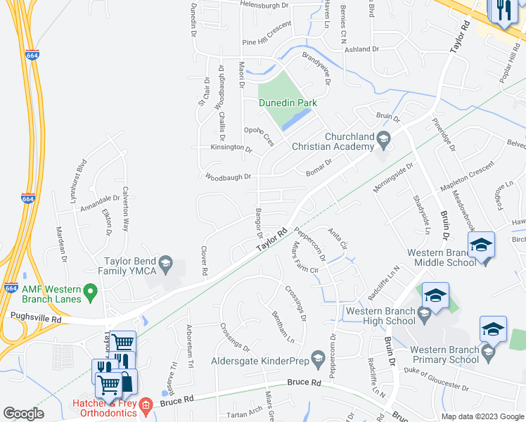 map of restaurants, bars, coffee shops, grocery stores, and more near 3240 Clover Road East in Chesapeake