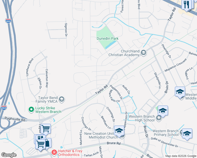 map of restaurants, bars, coffee shops, grocery stores, and more near 3401 Bangor Court in Chesapeake