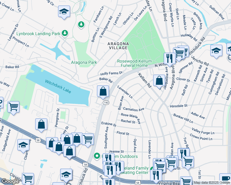 map of restaurants, bars, coffee shops, grocery stores, and more near 525 Longfellow Avenue in Virginia Beach