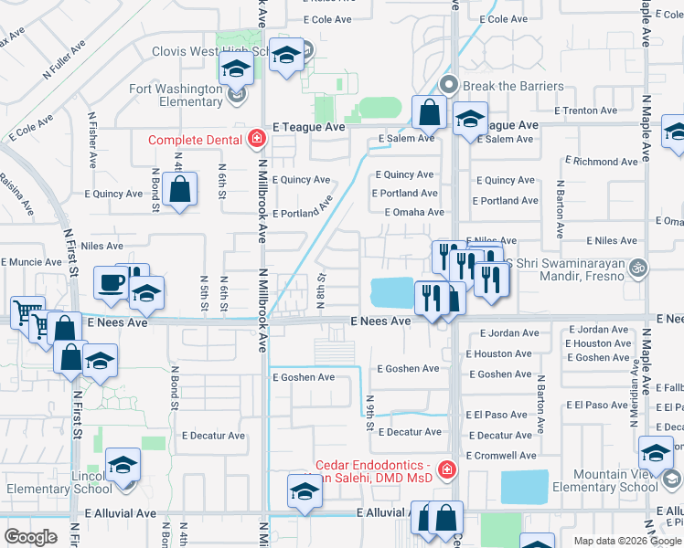 map of restaurants, bars, coffee shops, grocery stores, and more near 1197 East Muncie Avenue in Fresno