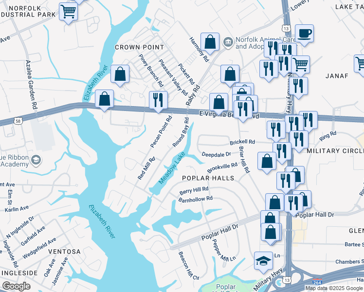 map of restaurants, bars, coffee shops, grocery stores, and more near 830 Round Bay Road in Norfolk