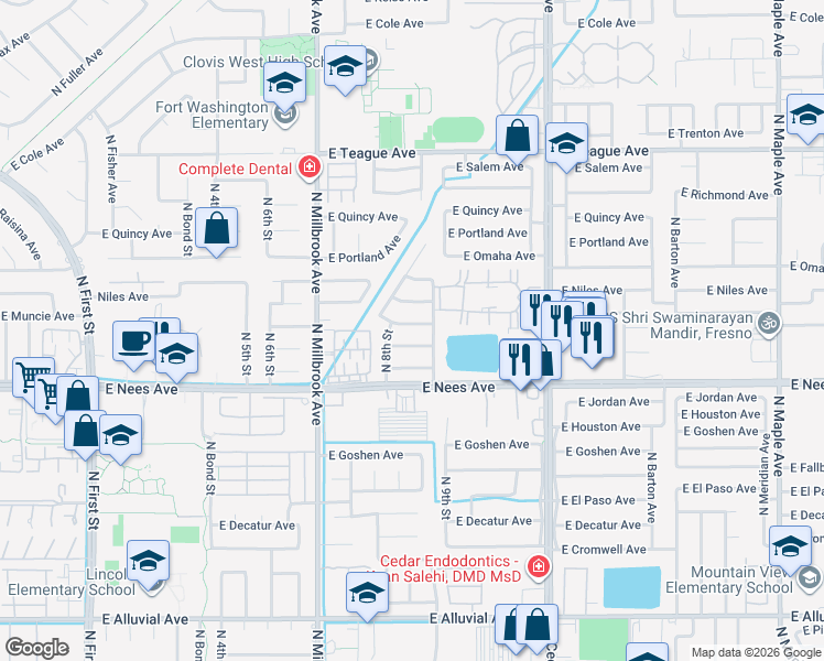 map of restaurants, bars, coffee shops, grocery stores, and more near 1226 East Lexington Avenue in Fresno