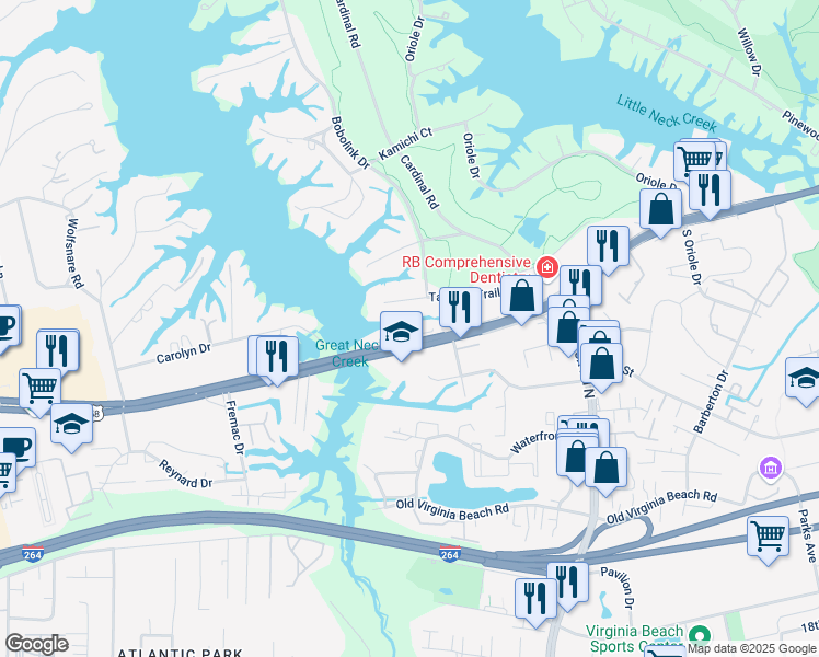 map of restaurants, bars, coffee shops, grocery stores, and more near 1280 U.S. 58 in Virginia Beach