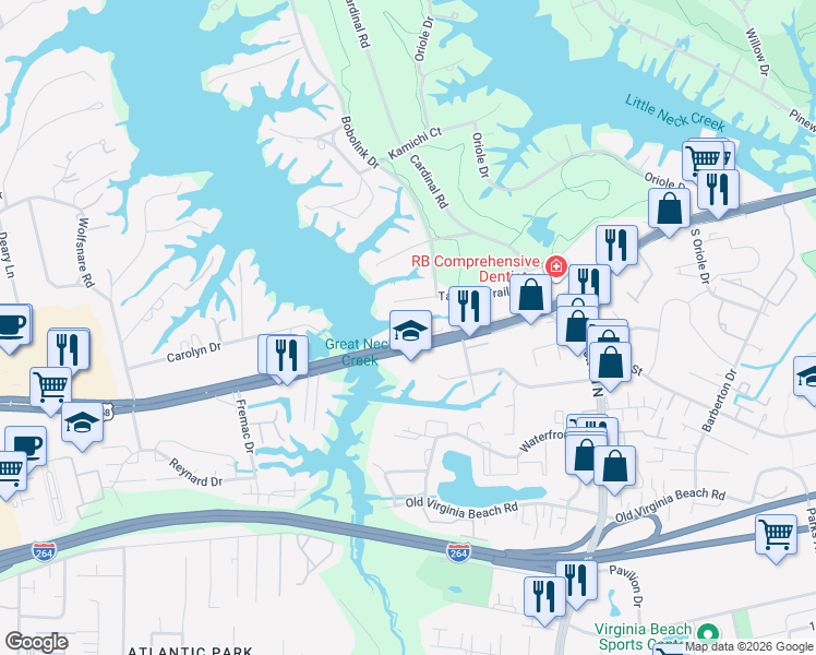 map of restaurants, bars, coffee shops, grocery stores, and more near 1280 U.S. 58 in Virginia Beach