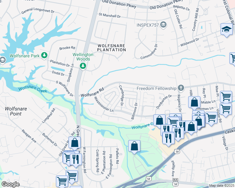 map of restaurants, bars, coffee shops, grocery stores, and more near 821 Cambridge Drive in Virginia Beach
