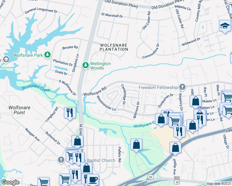map of restaurants, bars, coffee shops, grocery stores, and more near 2237 Windom Place in Virginia Beach