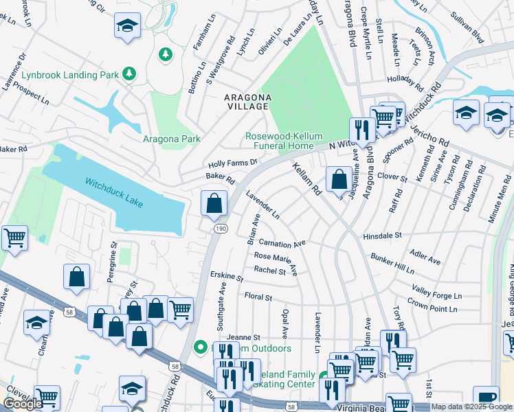 map of restaurants, bars, coffee shops, grocery stores, and more near 521 Brian Avenue in Virginia Beach