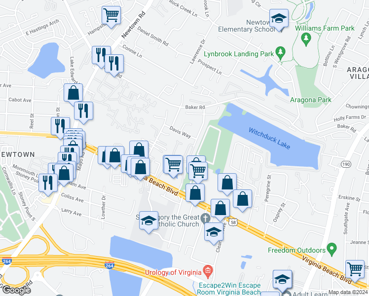 map of restaurants, bars, coffee shops, grocery stores, and more near 320 Wexford Drive in Virginia Beach