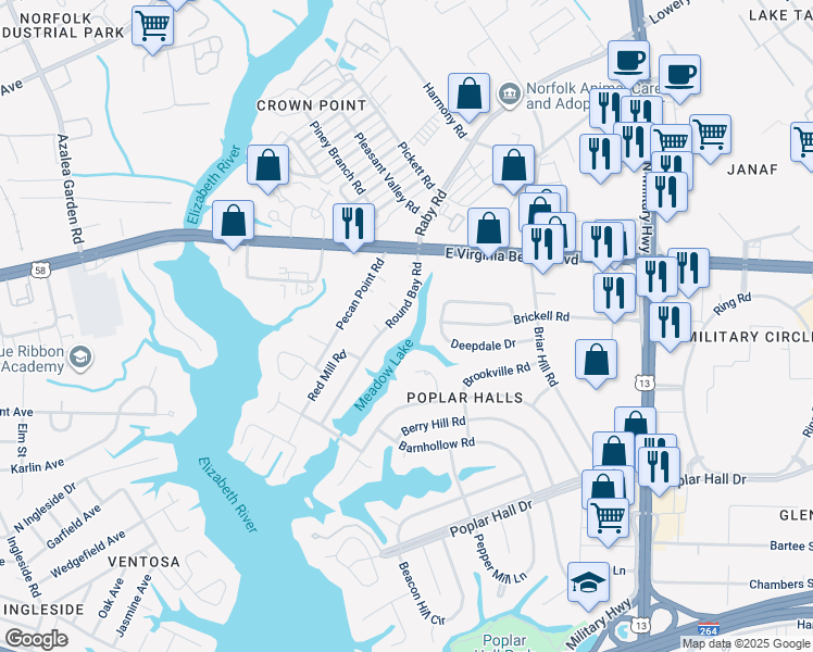 map of restaurants, bars, coffee shops, grocery stores, and more near 836 Round Bay Road in Norfolk