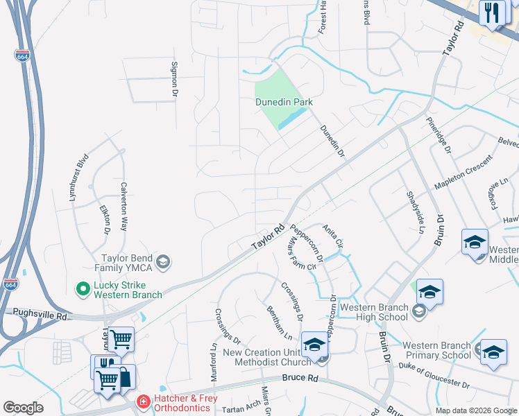 map of restaurants, bars, coffee shops, grocery stores, and more near 3401 Bangor Court in Chesapeake