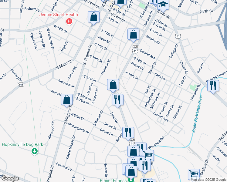 map of restaurants, bars, coffee shops, grocery stores, and more near 2301 South Walnut Street in Hopkinsville