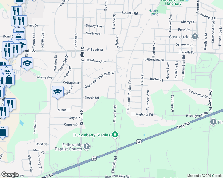 map of restaurants, bars, coffee shops, grocery stores, and more near 206 Gooch Road in Neosho