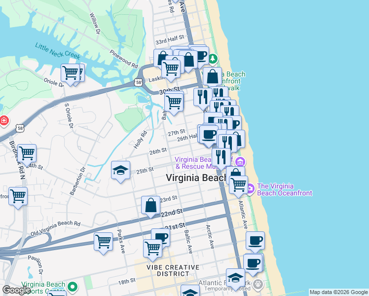 map of restaurants, bars, coffee shops, grocery stores, and more near 406 26th Street in Virginia Beach