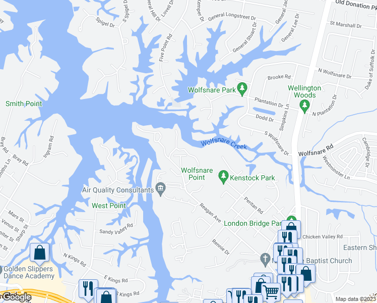 map of restaurants, bars, coffee shops, grocery stores, and more near 322 Windship Cove in Virginia Beach