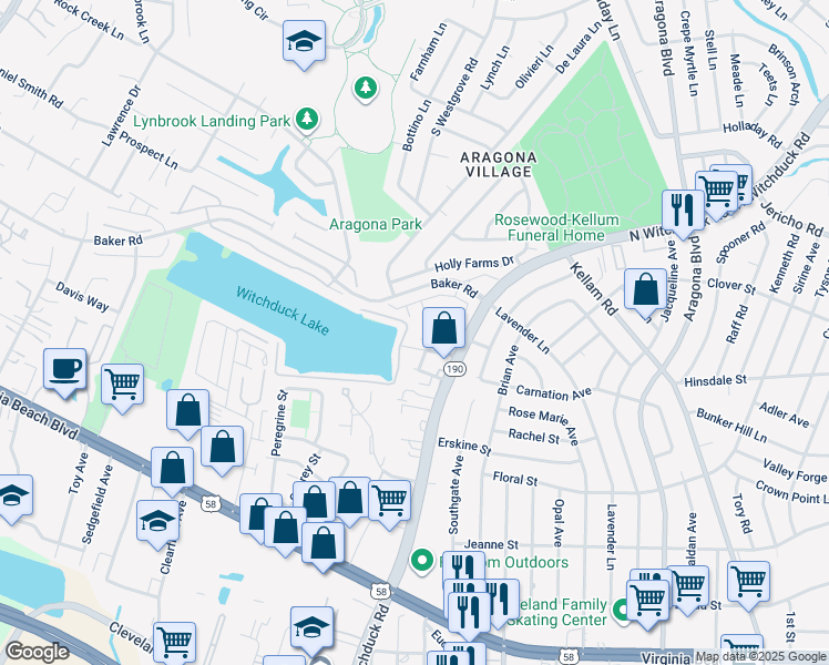 map of restaurants, bars, coffee shops, grocery stores, and more near 5277 Summer Crescent in Virginia Beach