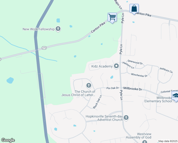 map of restaurants, bars, coffee shops, grocery stores, and more near 1427 Wilshire Circle in Hopkinsville