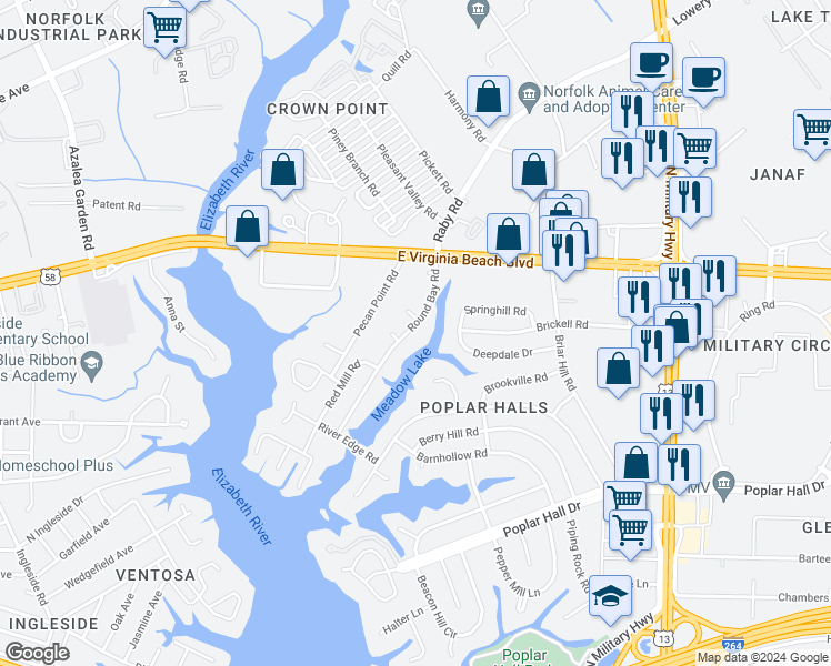map of restaurants, bars, coffee shops, grocery stores, and more near 830 Round Bay Road in Norfolk