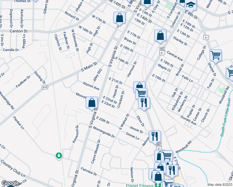 map of restaurants, bars, coffee shops, grocery stores, and more near 2122 Hazel Street in Hopkinsville