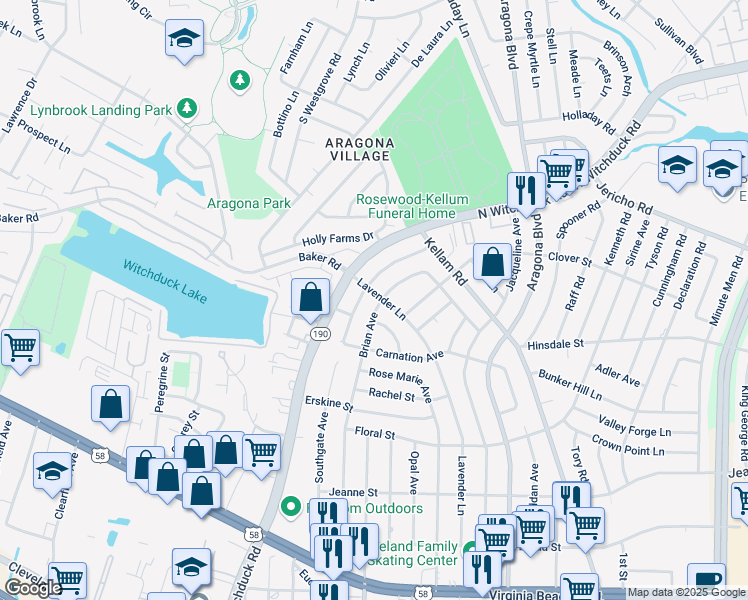 map of restaurants, bars, coffee shops, grocery stores, and more near 521 Brian Avenue in Virginia Beach