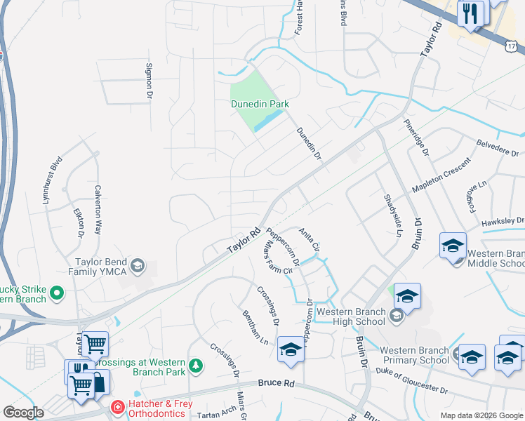 map of restaurants, bars, coffee shops, grocery stores, and more near 3219 Clover Road East in Chesapeake