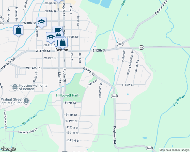 map of restaurants, bars, coffee shops, grocery stores, and more near 1600 Park Avenue in Benton