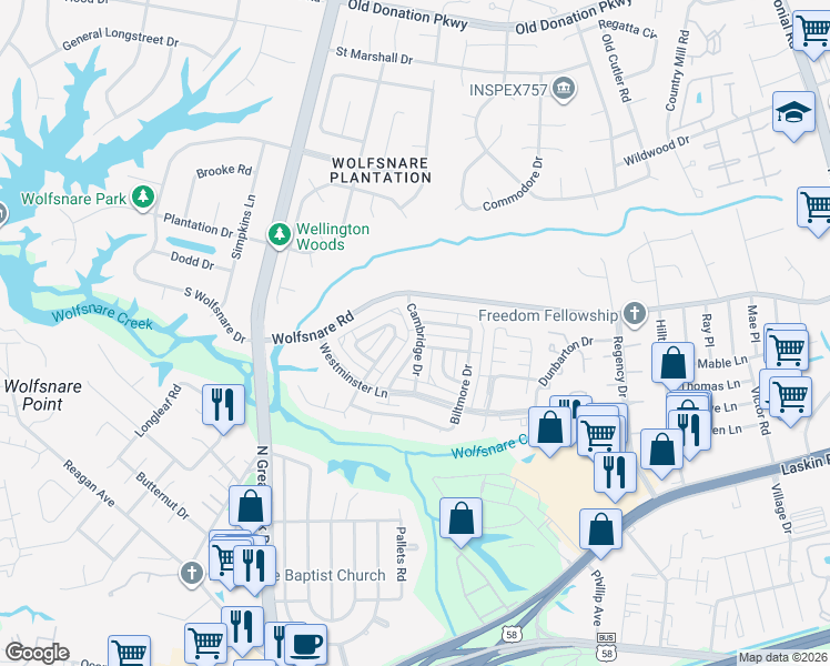 map of restaurants, bars, coffee shops, grocery stores, and more near 821 Cambridge Drive in Virginia Beach