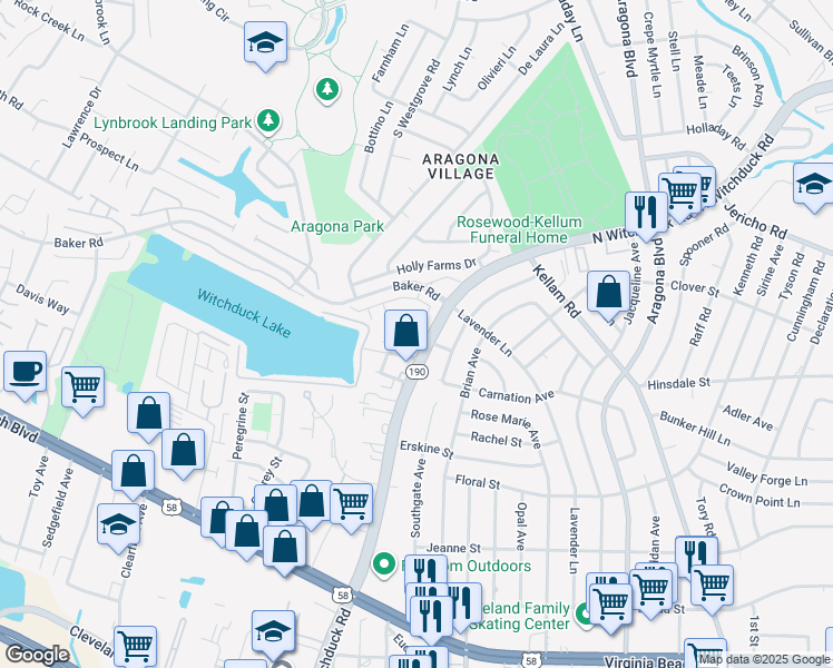map of restaurants, bars, coffee shops, grocery stores, and more near 527 Virginia 190 in Virginia Beach