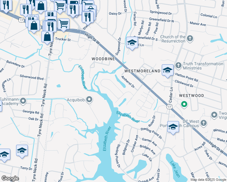 map of restaurants, bars, coffee shops, grocery stores, and more near 5206 Sweetbriar Circle in Portsmouth