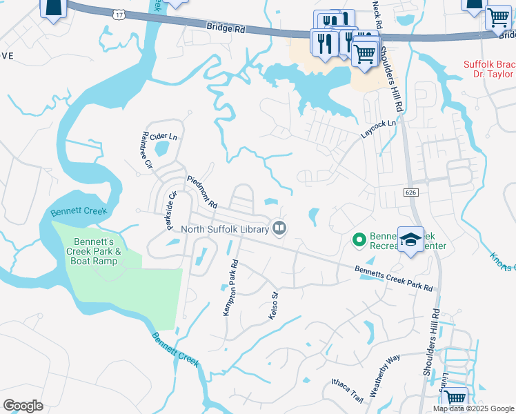 map of restaurants, bars, coffee shops, grocery stores, and more near 2237 Tuliptree Circle in Suffolk