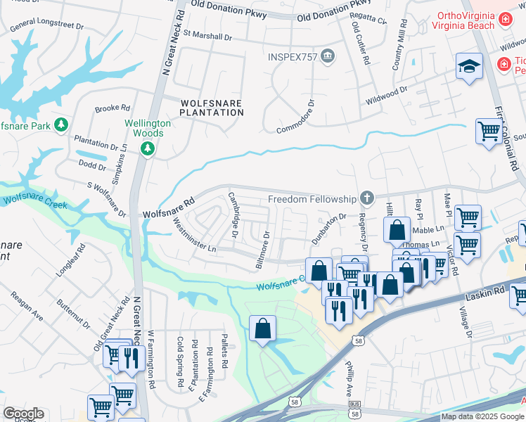 map of restaurants, bars, coffee shops, grocery stores, and more near 785 Biltmore Drive in Virginia Beach