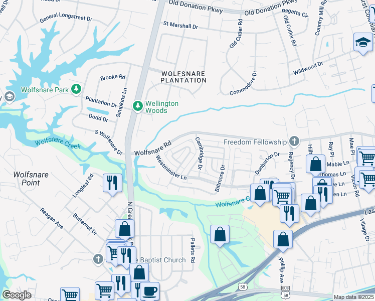 map of restaurants, bars, coffee shops, grocery stores, and more near 2237 Windom Place in Virginia Beach