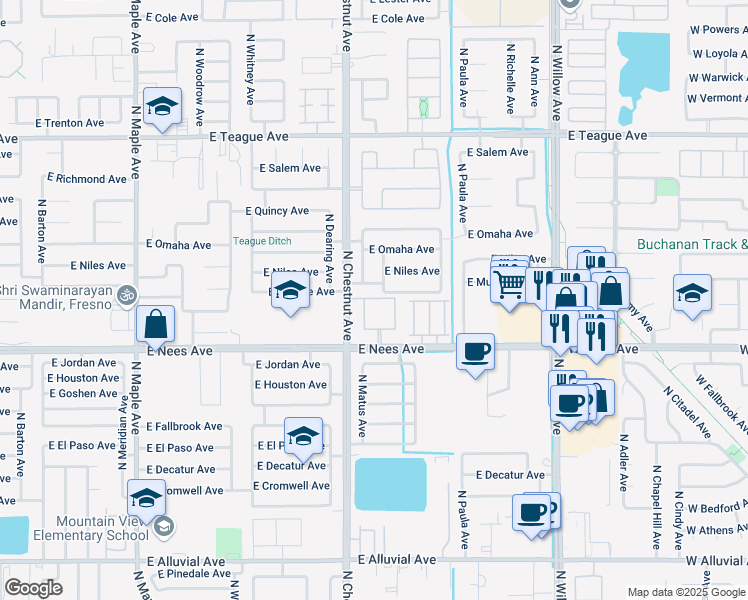 map of restaurants, bars, coffee shops, grocery stores, and more near 2610 East Nees Avenue in Fresno