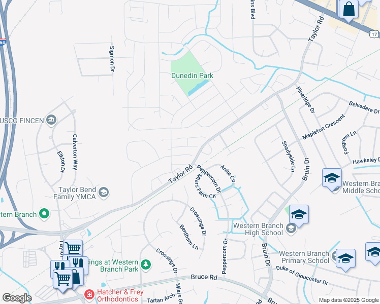 map of restaurants, bars, coffee shops, grocery stores, and more near 3210 Clover Road East in Chesapeake