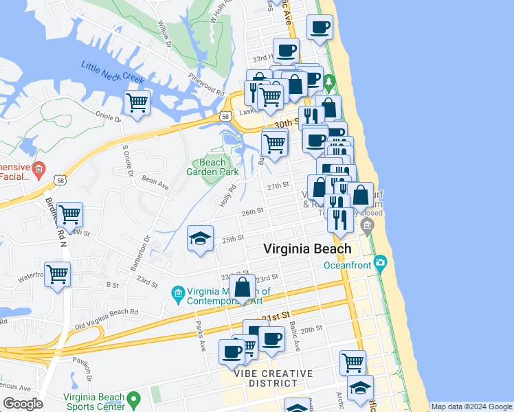 map of restaurants, bars, coffee shops, grocery stores, and more near 505 26th Street in Virginia Beach