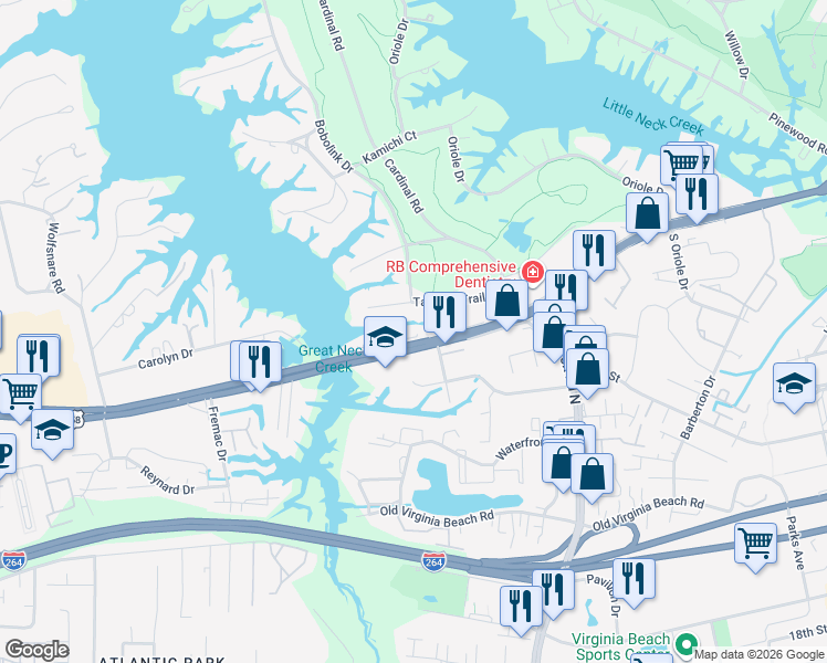 map of restaurants, bars, coffee shops, grocery stores, and more near 1268 U.S. 58 in Virginia Beach