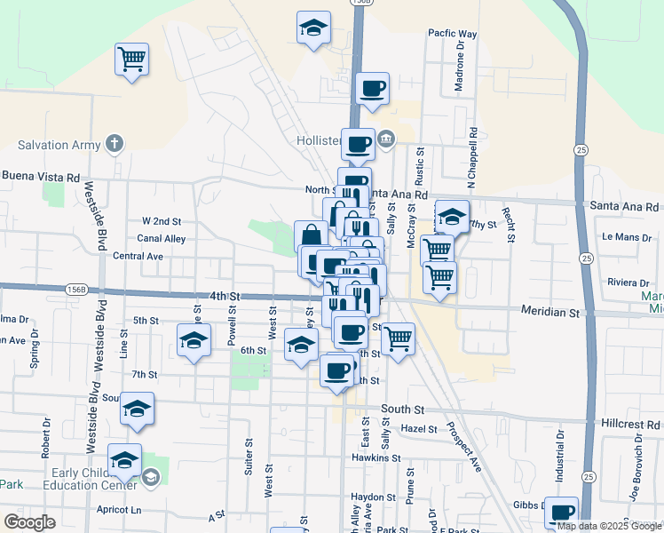 map of restaurants, bars, coffee shops, grocery stores, and more near 336 3rd Street in Hollister