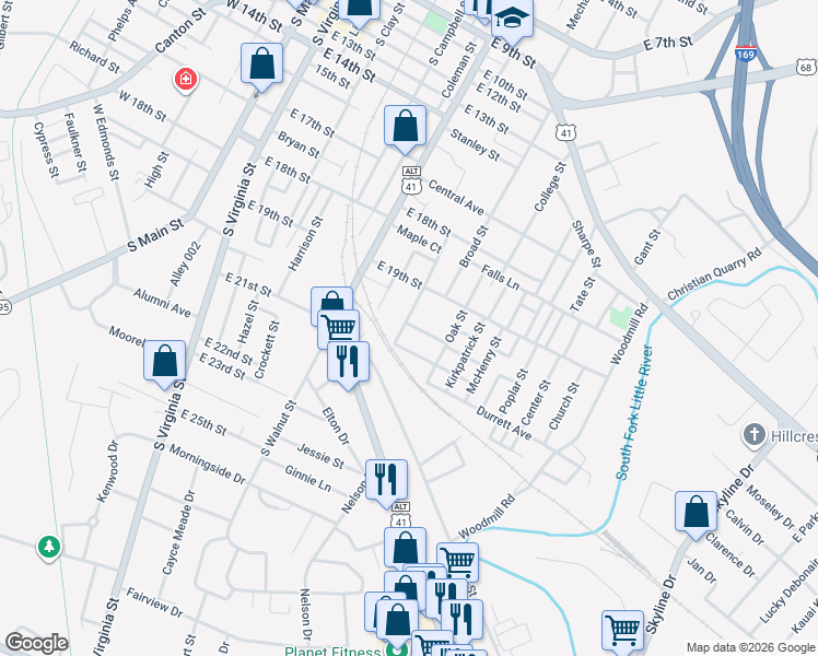 map of restaurants, bars, coffee shops, grocery stores, and more near 1926 Beach Street in Hopkinsville