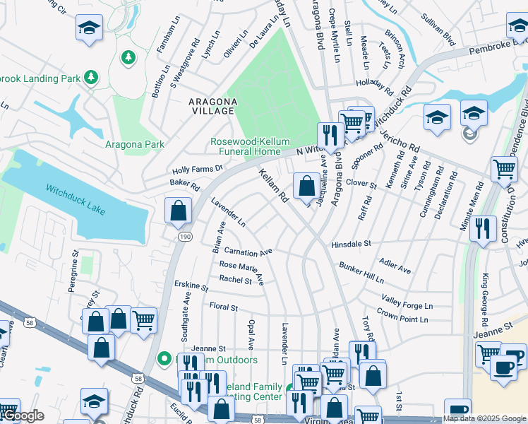 map of restaurants, bars, coffee shops, grocery stores, and more near 4965 Clover Street in Virginia Beach